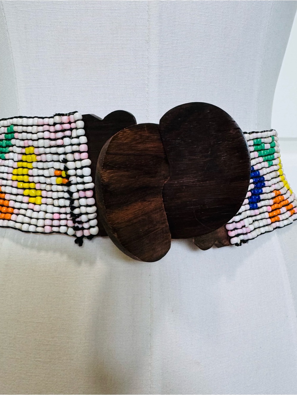 Handcrafted Reversible Multicolor Seed-Bead Waist Belt with Wooden Buckle
